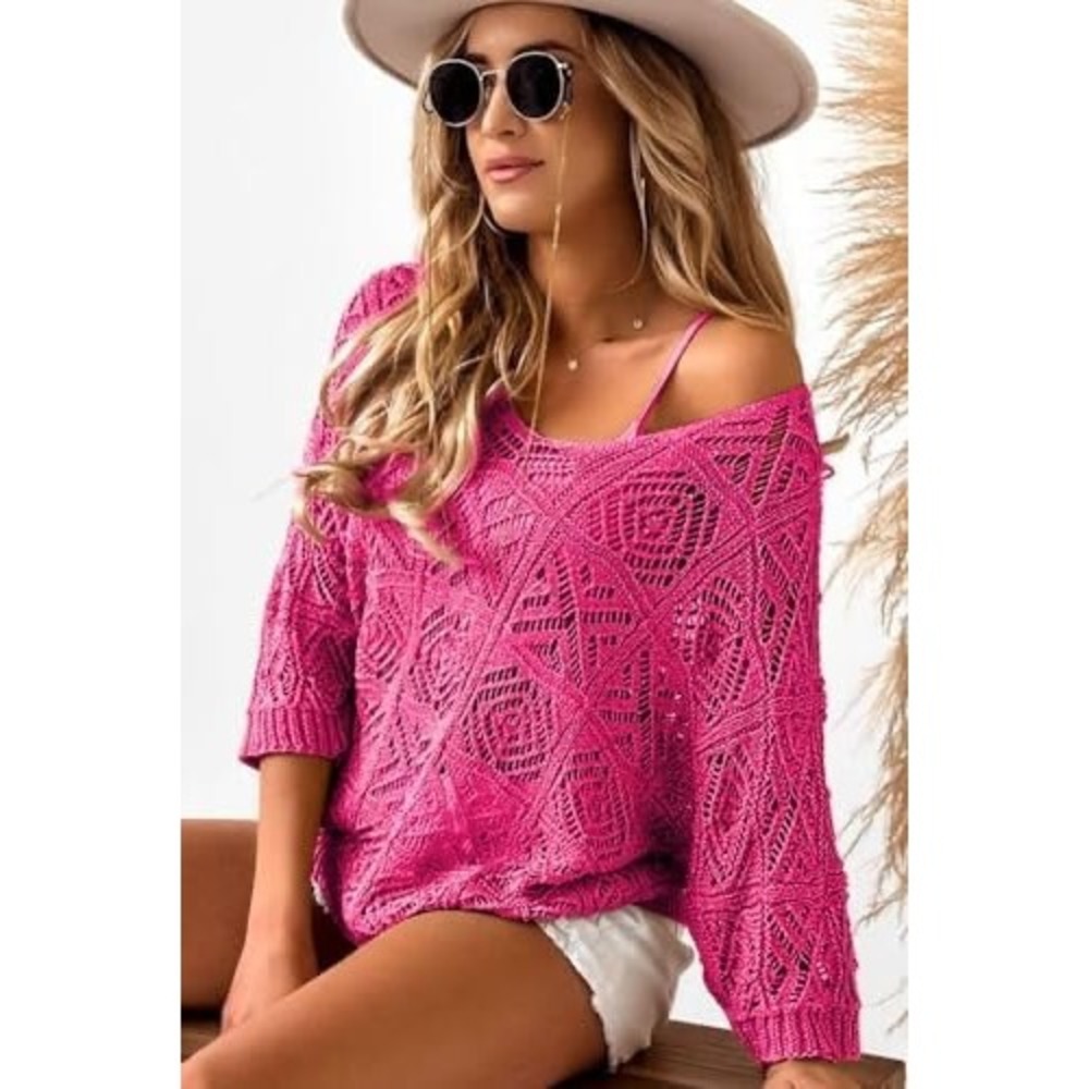 Dokotoo Womens Hot Pink Crochet Knit V-Neck 3/4 Sleeve Relaxed Sweater Large NEW - Picture 1 of 8